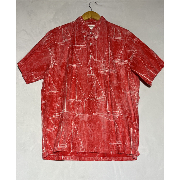 VTG Kahala Mens Hawaiian Shirt Large Red Sailboats 1/4 Button Collared Pullover - Picture 2 of 12
